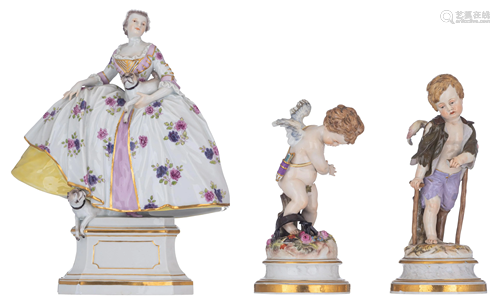 Three Meissen porcelain figures, 19thC, H 19 - 28 cm