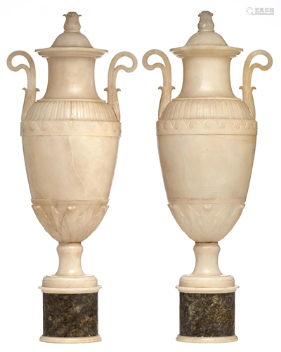 A pair of oblong alabaster vases, H 77 cm