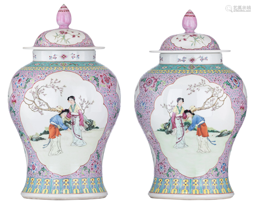 Two Chinese famille rose covered vases, the panels