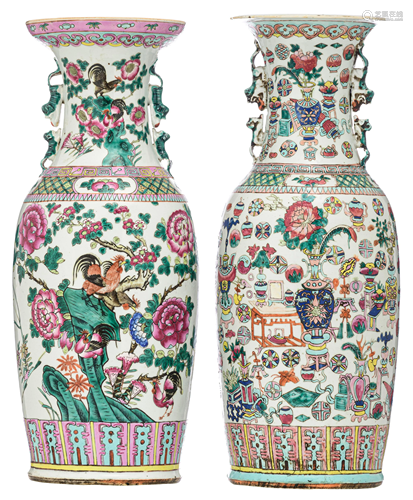 Two Chinese famille rose vases, paired with Fu-lion