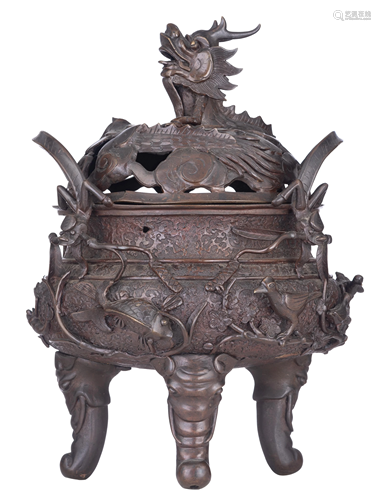 A fine Chinese bronze 'Dragon' tripod censer, H 47 cm