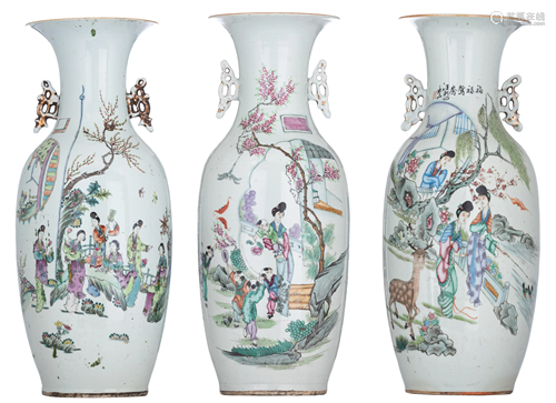 Three Chinese new fencai vases, with signed texts,