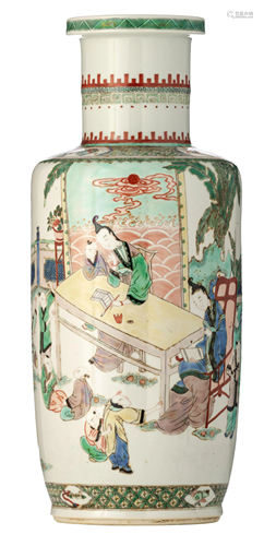 A Chinese famille verte rouleau vase, late