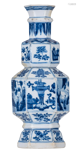 A Chinese blue and white hexagonal double-gourd vase,