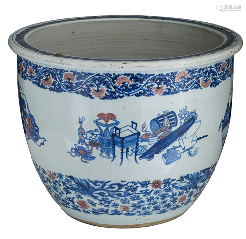 A Chinese blue and white and copper-red jardiniÃ¨re,