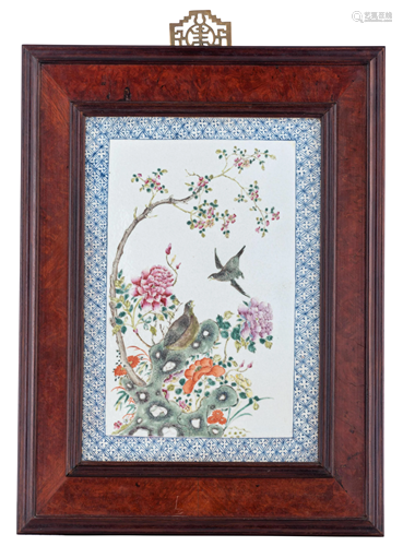 A Chinese famille rose porcelain plaque, in a hardwood