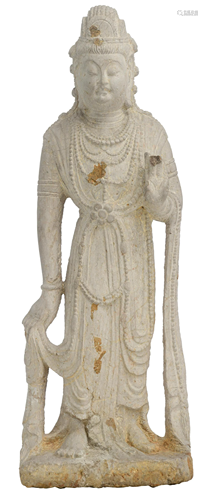 A Chinese grey limestone standing Bodhisattva, H 68 - W