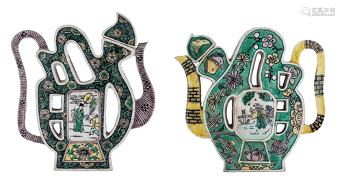 Two Chinese famille verte biscuit 'Puzzle' teapots and