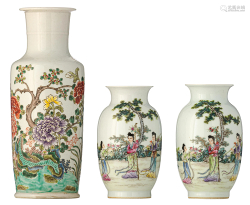 A Chinese famille rose rouleau vase, added two ditto