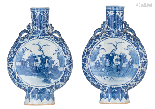 A pair of Chinese blue and white moonflasks, the neck