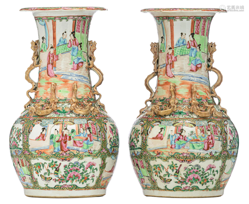 Two Chinese Canton vases, paired with chilong handles,