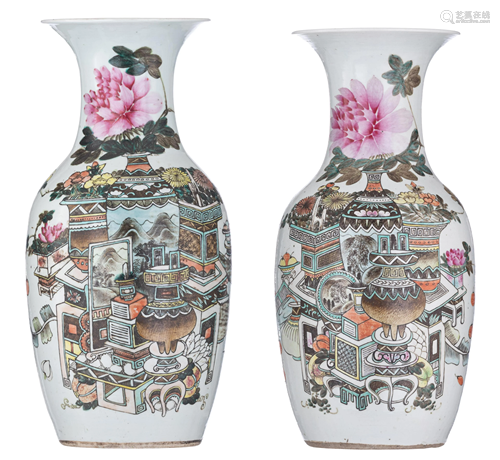 Two Chinese Qianjiangcai vases, with signed texts, H 44