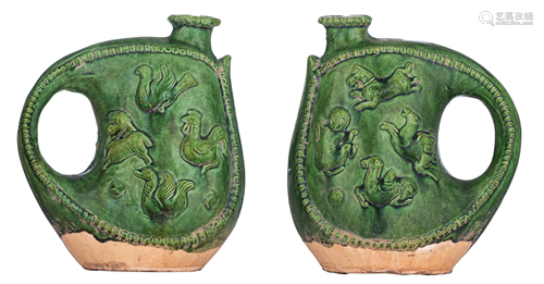 Two Chinese green-glazed pottery flasks, H 20,5 cm