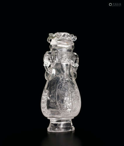 十九世纪 水晶饕餮纹双象活环耳盖瓶