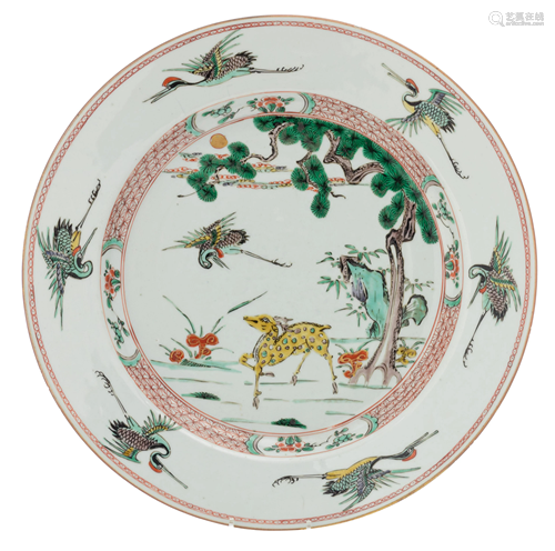 A Chinese famille verte plate, decorated with cranes,