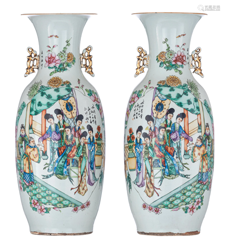 A pair of famille rose double-decorated vases, with