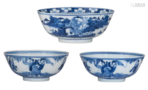Three Chinese Kangxi style blue and white bowls,