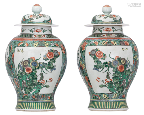 A pair of Chinese famille verte covered vases, H 30 -