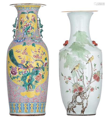 A Chinese famille rose vase, paired with Fu lion