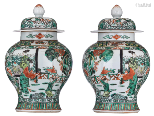 A pair of Chinese famille verte jars and covers, late