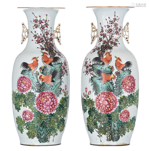 A pair of famille rose vases, decorated with cockerels