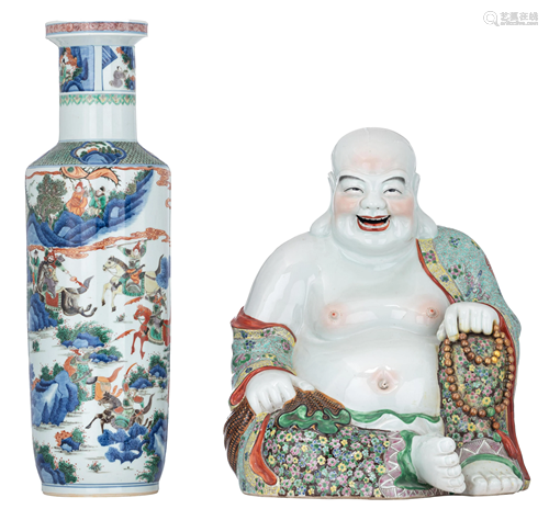 A Chinese blue and white and famille verte rouleau vase