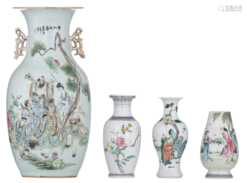 A Chinese famille rose vase and three polychrome and