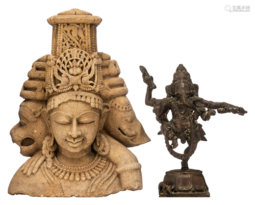 Two Indian Hindu deities sculptures, stone and bronze,