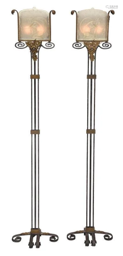 Pair Oscar Bach Floor Lamps with Steuben Panels