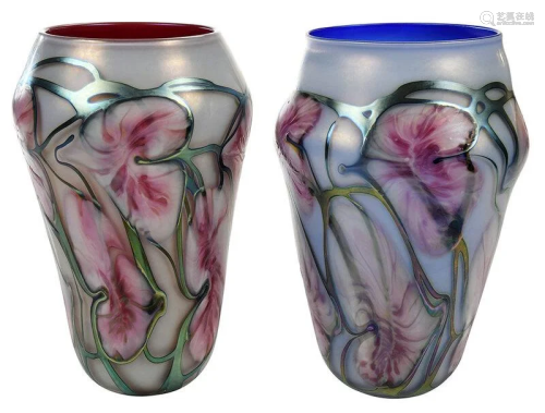Two John Lotton Multi Flora Art Glass Vases