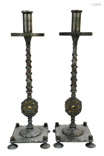 Pair of Oscar Bach Patinated Bronze Candlesticks
