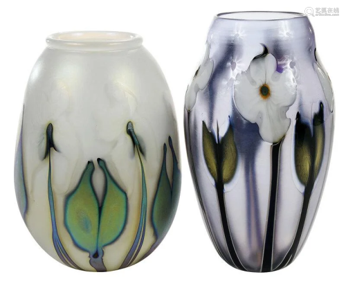 Two Charles Lotton Multi Flora Art Glass Vases