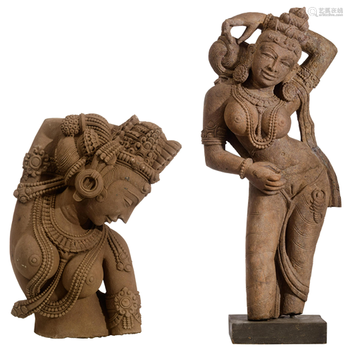 Two Indian sandstone sculptures of the celestial deity