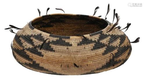 Pomo Coiled Basket with Quail Feather Topknots
