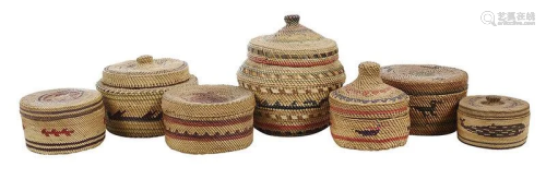 Seven Northwest Coast Lidded Trinket Baskets