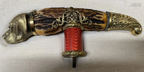 Russian Silver, enamel, horn, diamonds, rubies. Cane