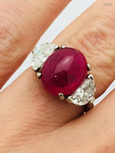 Platinum 1ct Diamond 8ct Cabochon Ruby Ring