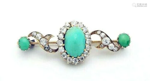 Antique 18k Gold Diamond Turquoise Pin Brooch