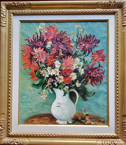 MARCEL DYF FRENCH PAINTING ON CANVAS DAHLIAS