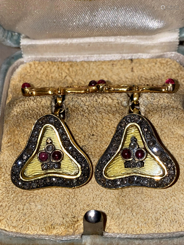 RUSSIAN GOLD ENAMEL TRIANGLE CUFFLINKS WITH DIAMO…