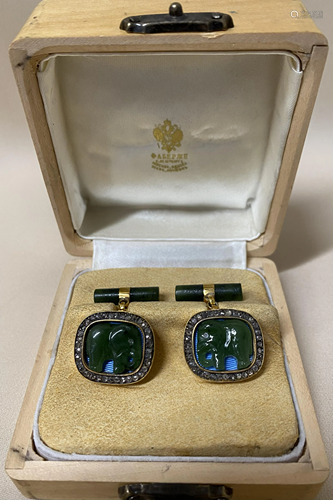 RUSSIAN GOLD JADE ELEPHANT CUFFLINKS WITH DIAMO…