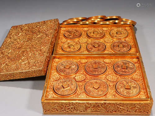 SET OF QIANLONG MARK GILT BRONZE CASTED COINS