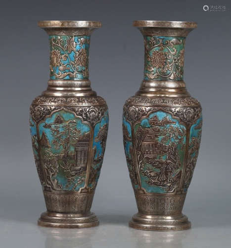 PAIR OF SILVER LANDSCAPE PATTERN VASES