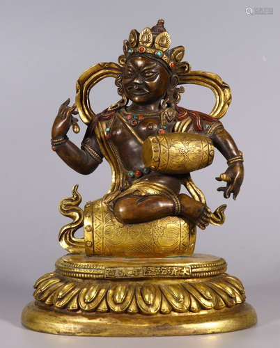 QIANLONG MARK GILT BRONZE WITH GEM SARASWATI STATUE