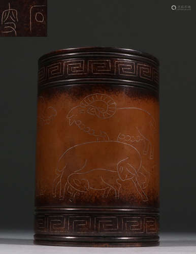 COPPER CASTED GOAT PATTERN BRUSH POT