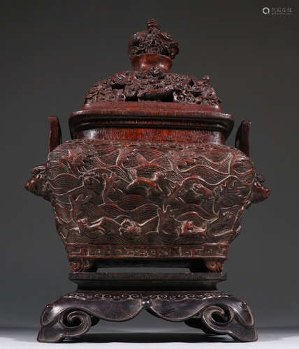 CHENXIANG WOOD CARVED DRAGON PATTERN CENSER