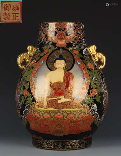 YONGZHENG MARK BLACK GLAZE OUTLINE IN GOLD BUDDHA VASE