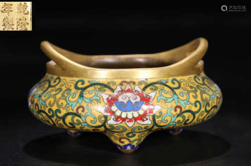 QIANLONG MARK CLOISONNE TRIPOD CENSER