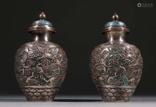 PAIR OF SILVER CASTED ENAMELING BLUE CARNE JARS