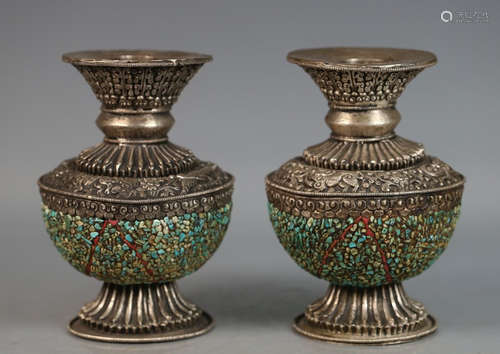 PAIR OF TIBETAN SILVER VASES